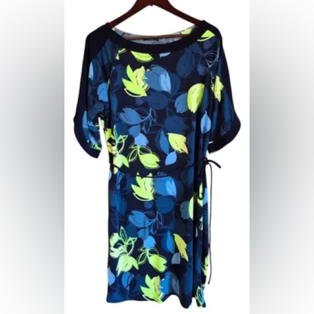 Tahari Navy Dress with Lime and Blue Leaf Print - Picture 8 of 8